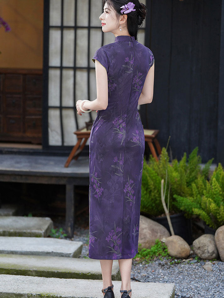 Purple Floral Print Maxi Cheongsam Qipao Dress