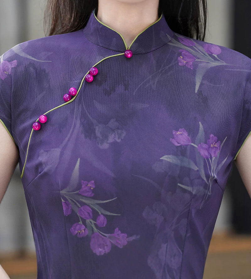Purple Floral Print Maxi Cheongsam Qipao Dress