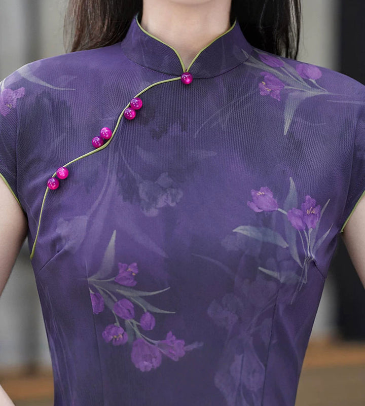 Purple Floral Print Maxi Cheongsam Qipao Dress