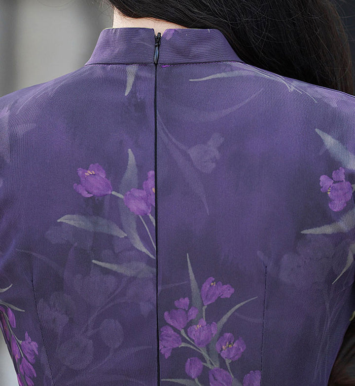 Purple Floral Print Maxi Cheongsam Qipao Dress