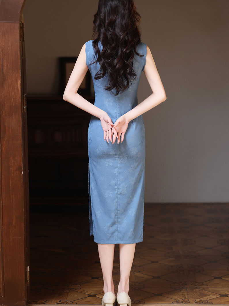 Blue Green Floral Print Midi Cheongsam Qipao Dress