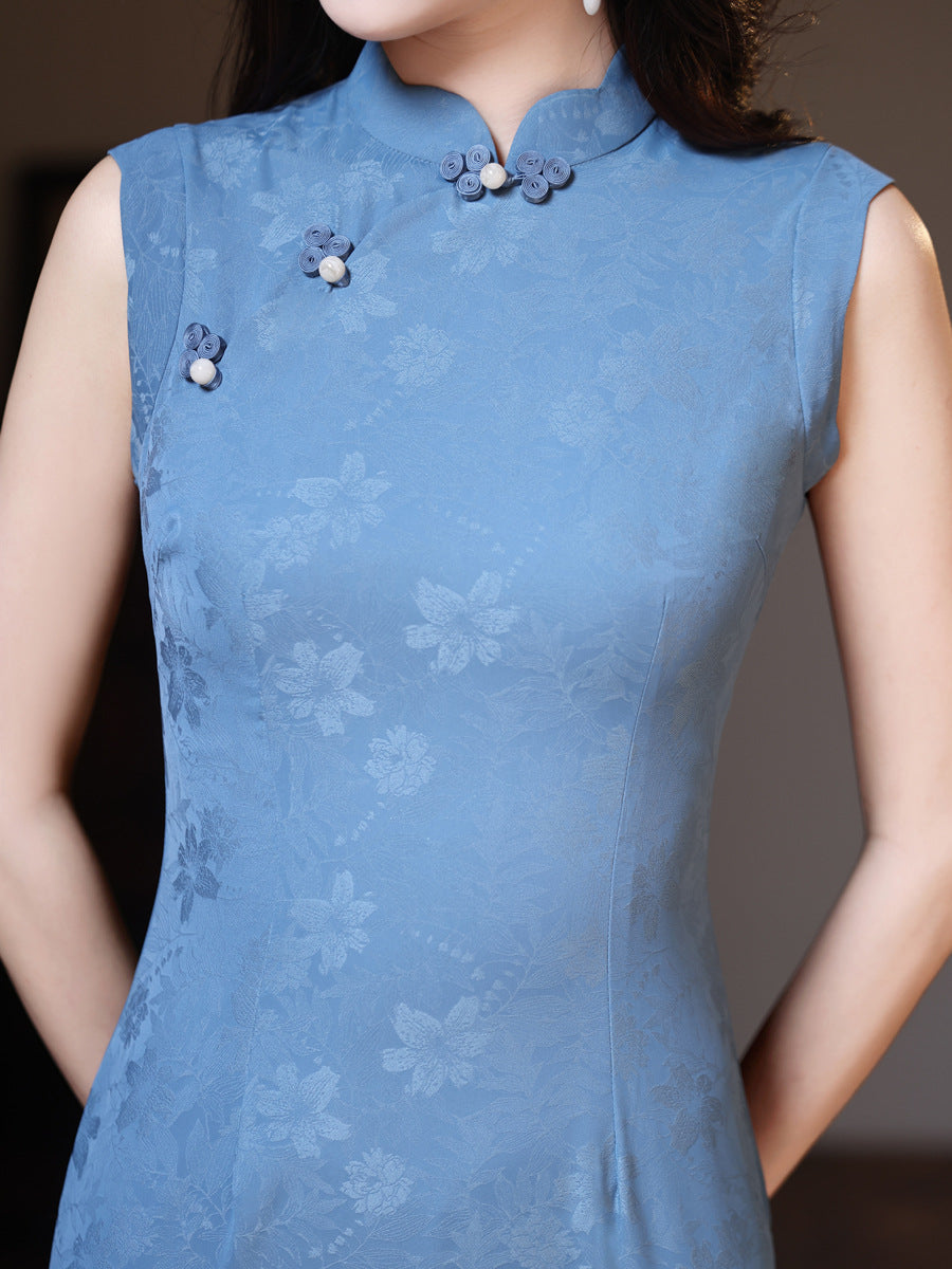 Blue Green Floral Print Midi Cheongsam Qipao Dress
