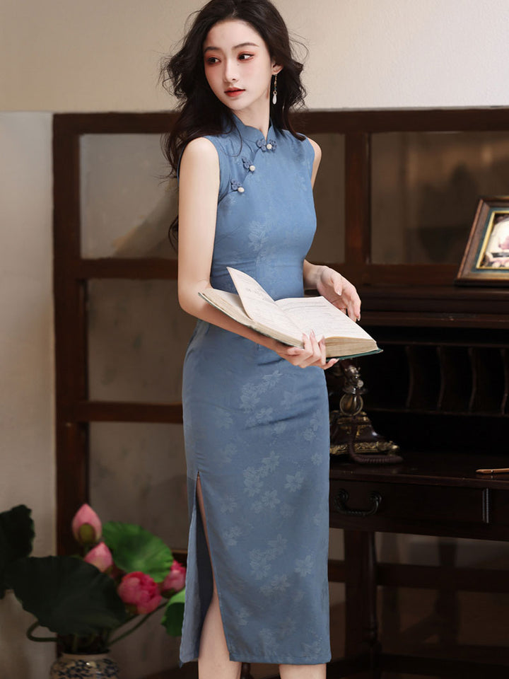 Blue Green Floral Print Midi Cheongsam Qipao Dress