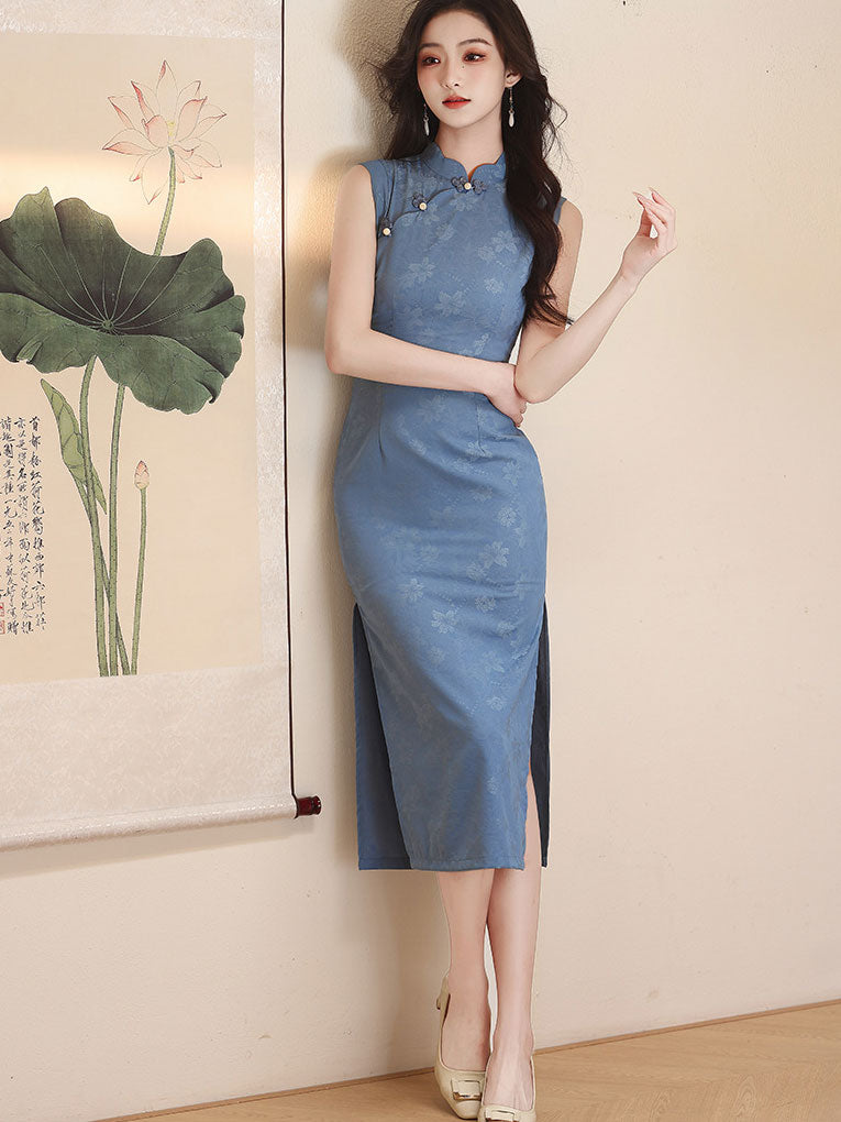 Blue Green Floral Print Midi Cheongsam Qipao Dress