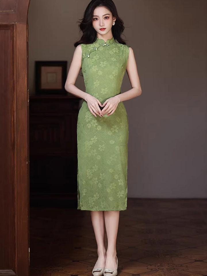 Blue Green Floral Print Midi Cheongsam Qipao Dress