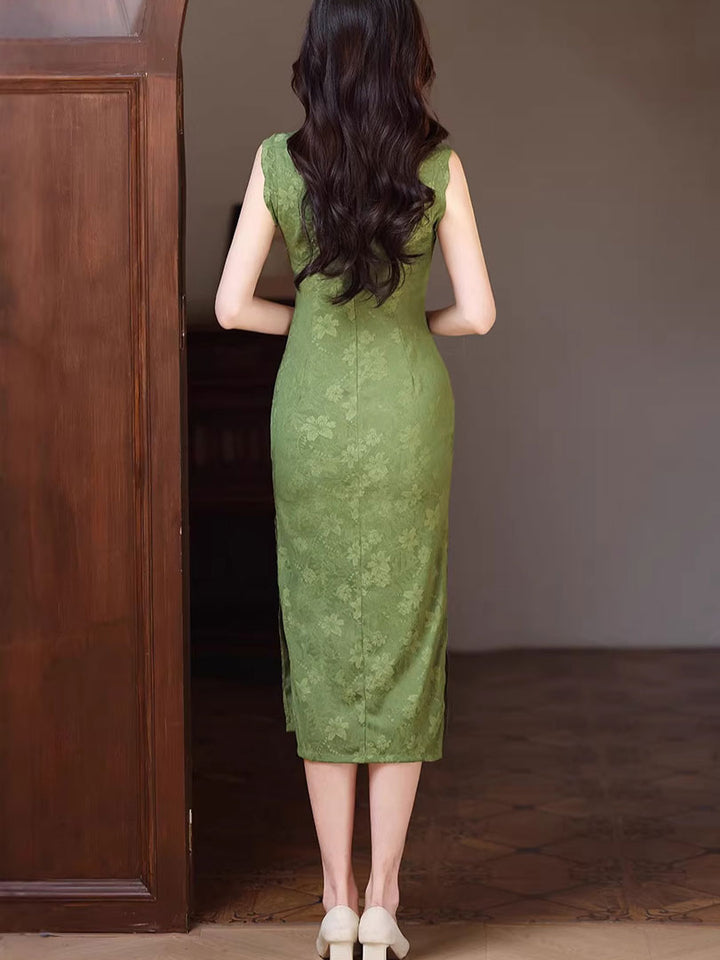 Blue Green Floral Print Midi Cheongsam Qipao Dress