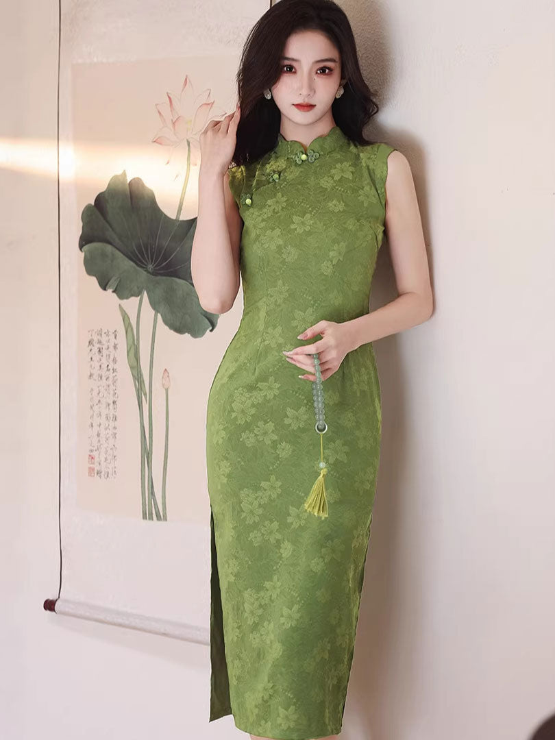 Blue Green Floral Print Midi Cheongsam Qipao Dress