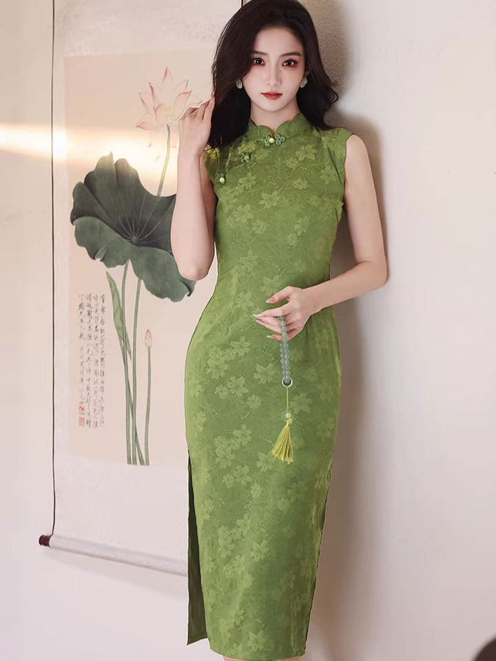 Blue Green Floral Print Midi Cheongsam Qipao Dress