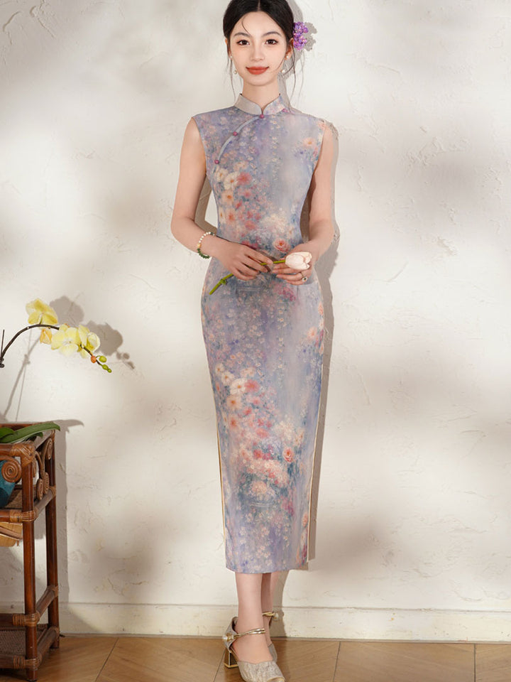 Summer Purple Floral Print Cheongsam Qipao Dress