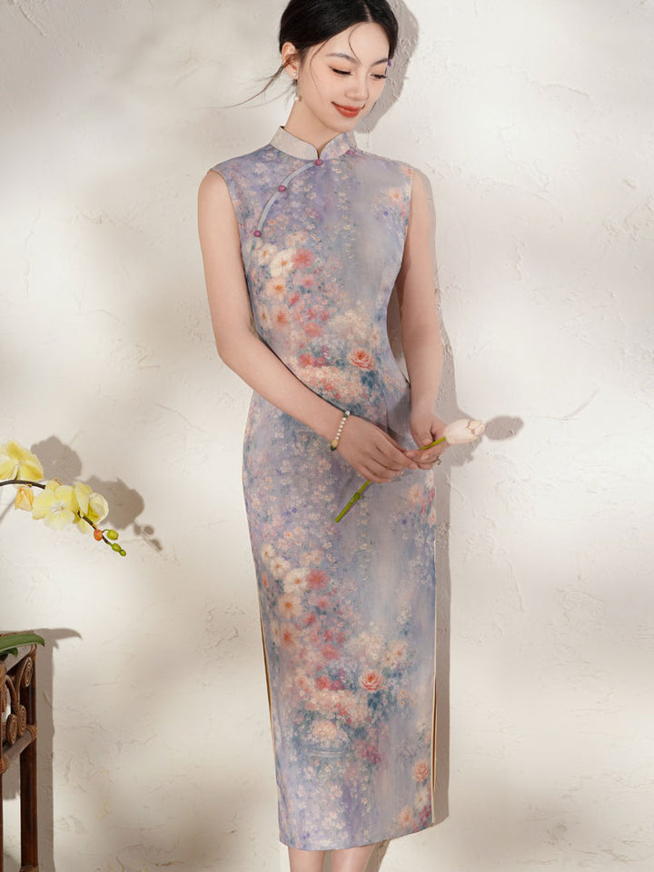 Summer Purple Floral Print Cheongsam Qipao Dress