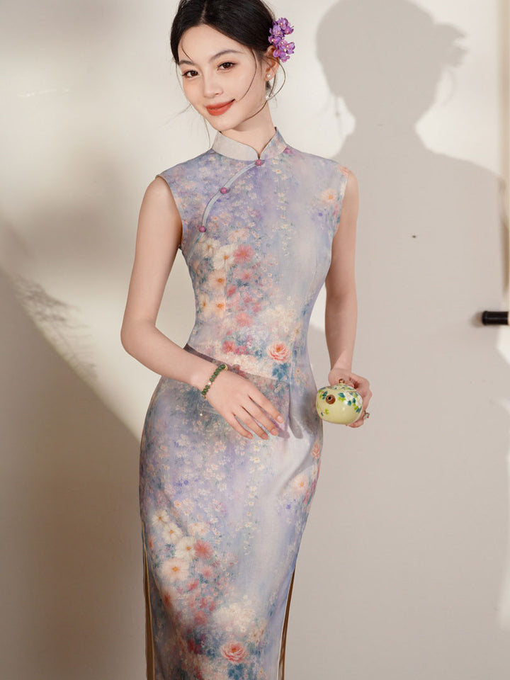 Summer Purple Floral Print Cheongsam Qipao Dress