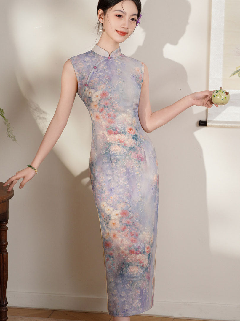 Summer Purple Floral Print Cheongsam Qipao Dress