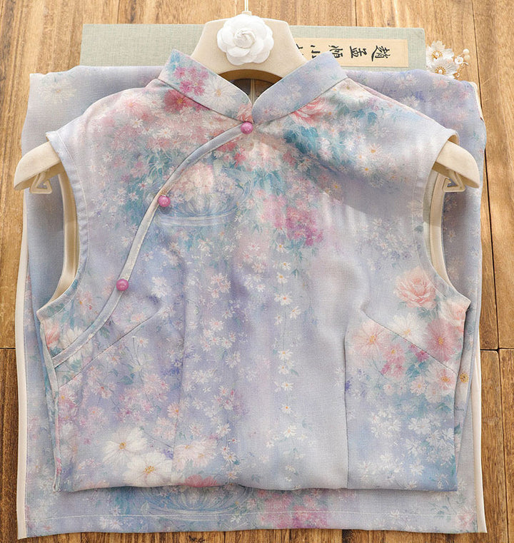 Summer Purple Floral Print Cheongsam Qipao Dress
