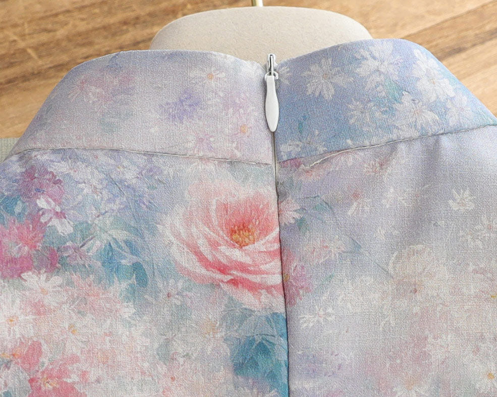 Summer Purple Floral Print Cheongsam Qipao Dress