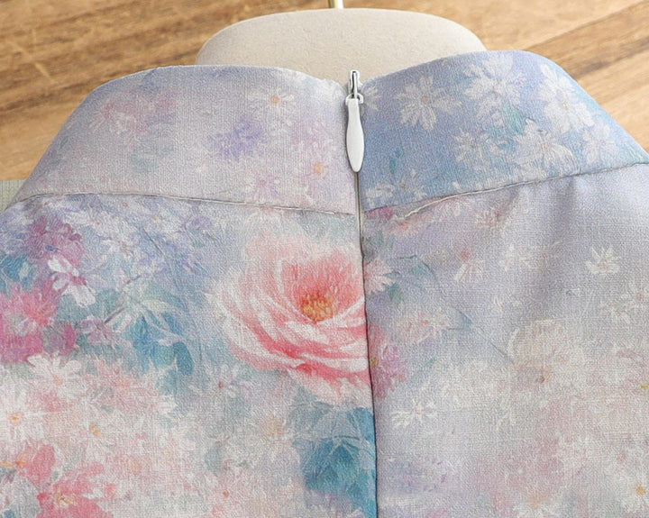 Summer Purple Floral Print Cheongsam Qipao Dress