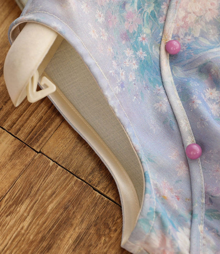 Summer Purple Floral Print Cheongsam Qipao Dress