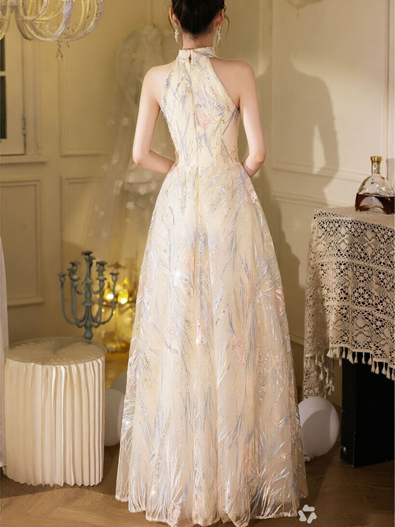 Shimmer Sequins Halter A-Line Evening Party Dress