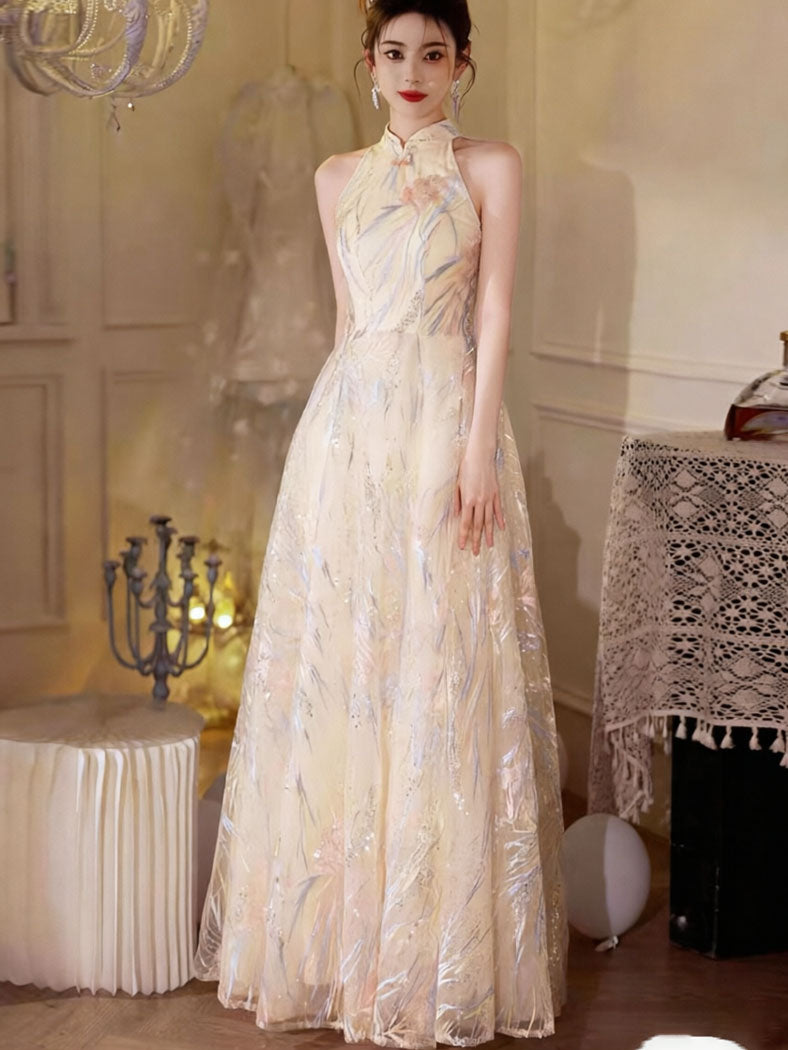 Shimmer Sequins Halter A-Line Evening Party Dress