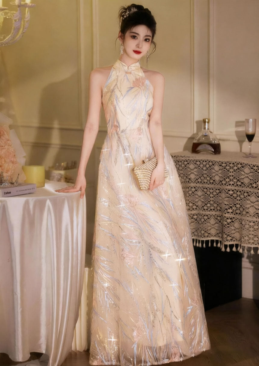 Shimmer Sequins Halter A-Line Evening Party Dress