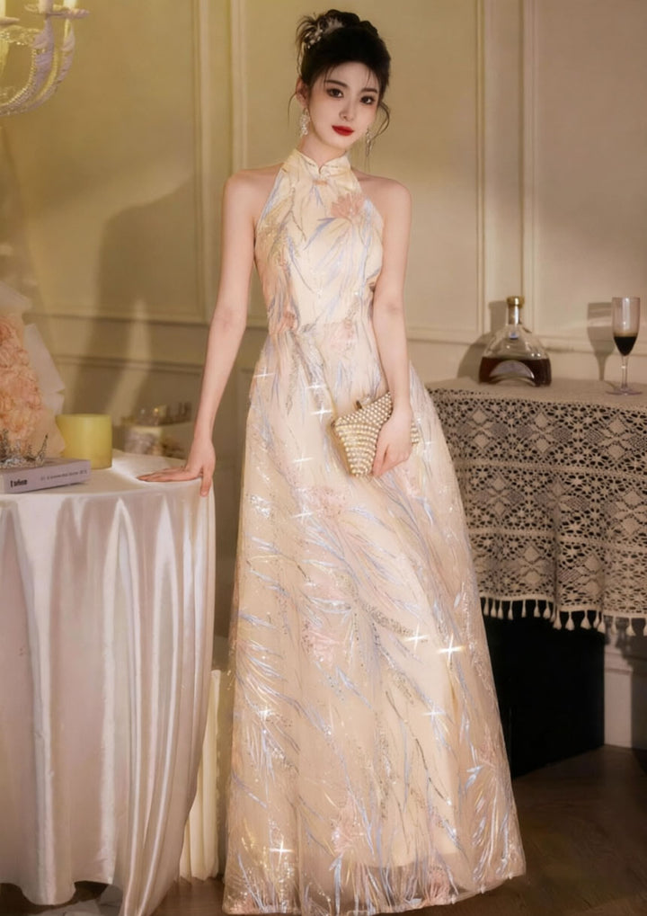 Shimmer Sequins Halter A-Line Evening Party Dress