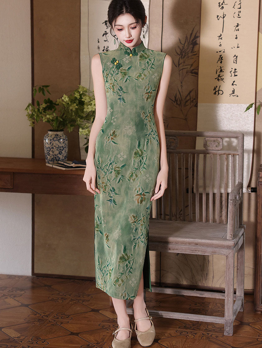 Willow Green Jacquard Sleeveless Cheongsam Qipao Dress