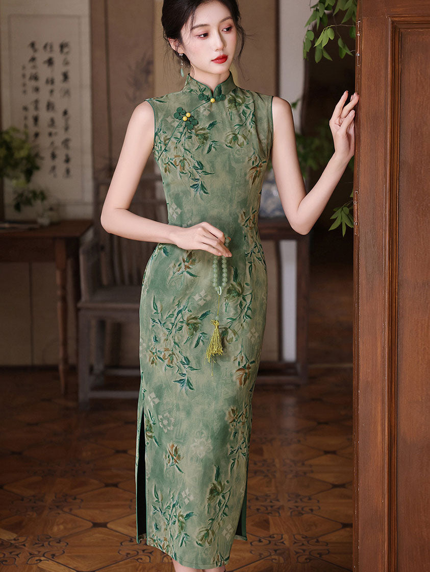 Willow Green Jacquard Sleeveless Cheongsam Qipao Dress