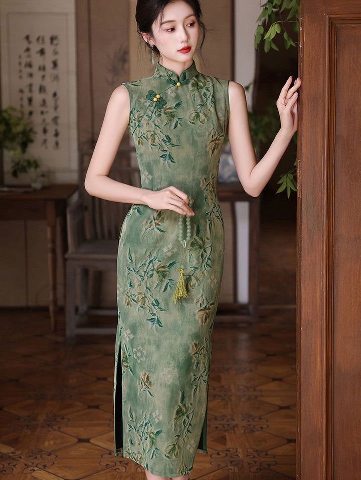 Willow Green Jacquard Sleeveless Cheongsam Qipao Dress