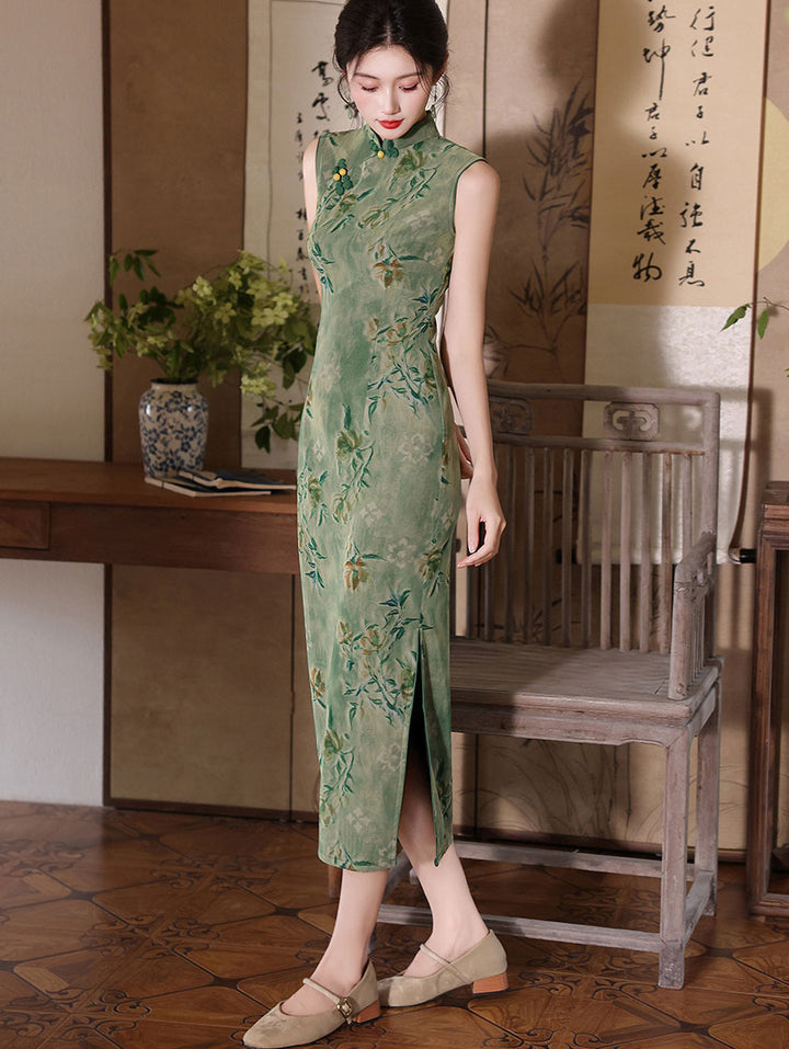 Willow Green Jacquard Sleeveless Cheongsam Qipao Dress