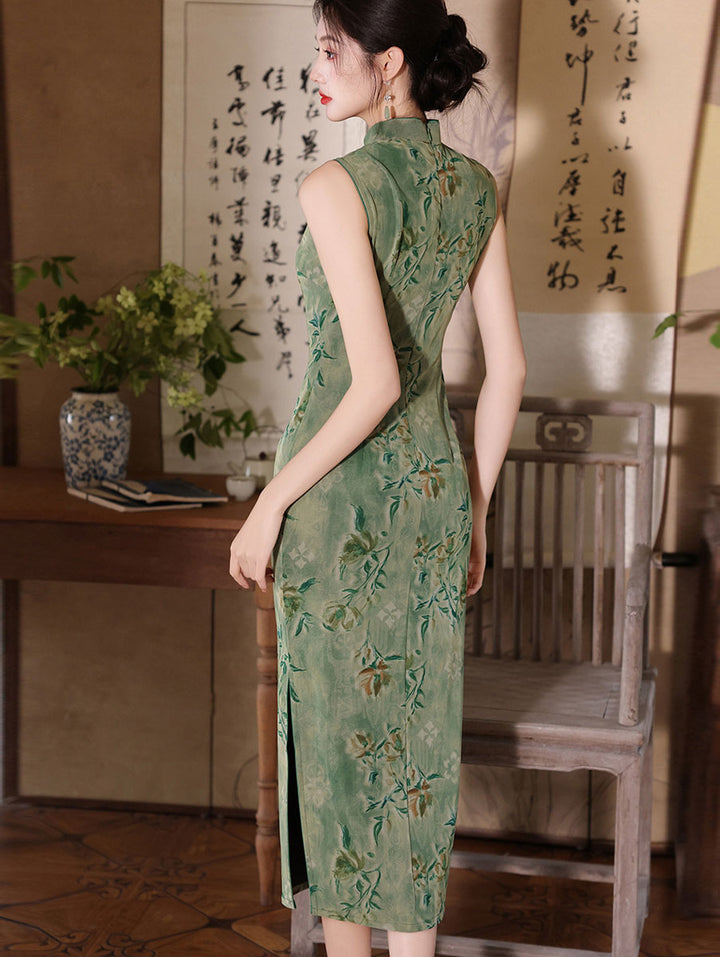 Willow Green Jacquard Sleeveless Cheongsam Qipao Dress