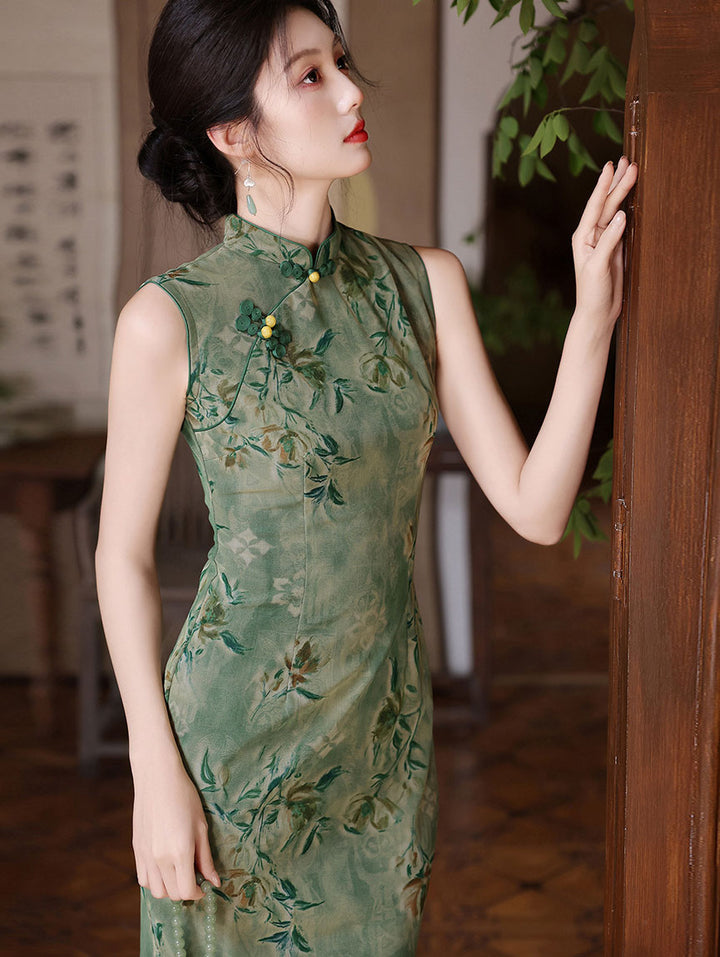 Willow Green Jacquard Sleeveless Cheongsam Qipao Dress