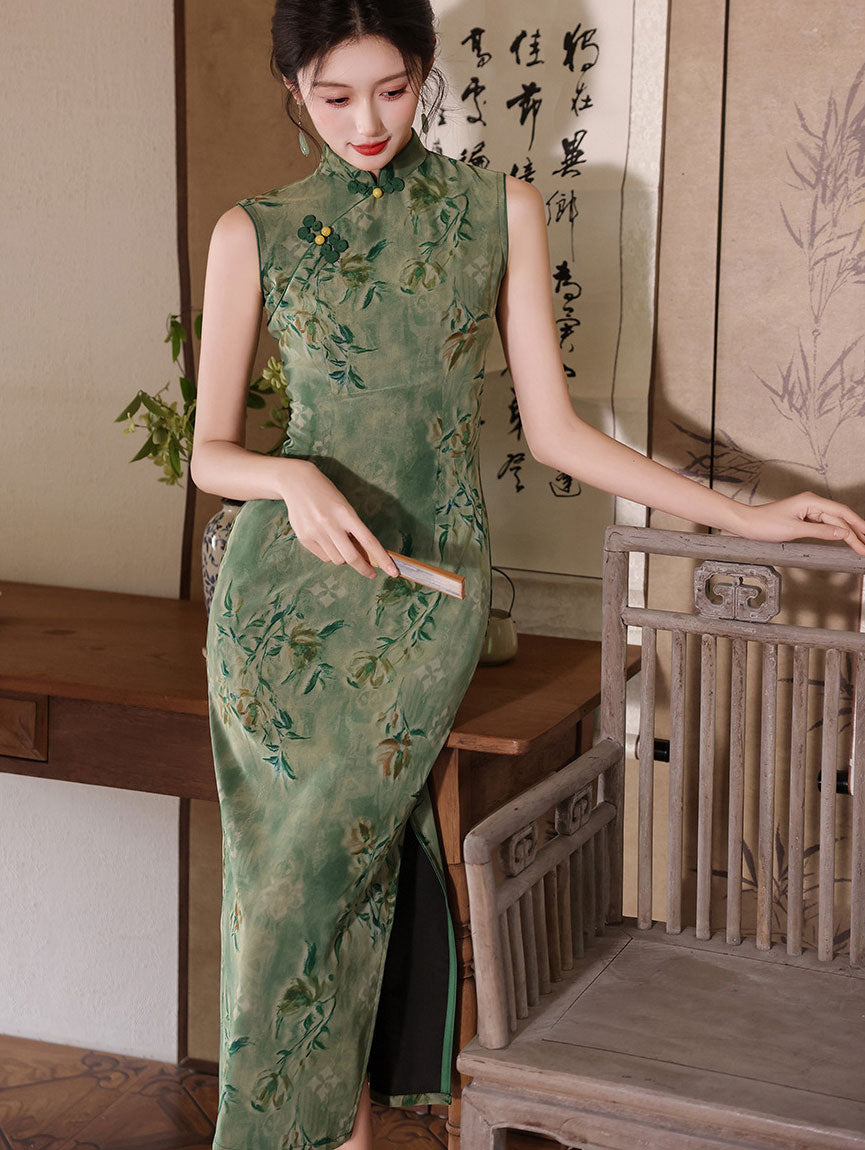 Willow Green Jacquard Sleeveless Cheongsam Qipao Dress