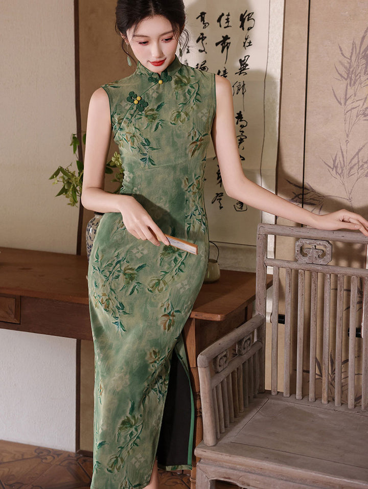 Willow Green Jacquard Sleeveless Cheongsam Qipao Dress