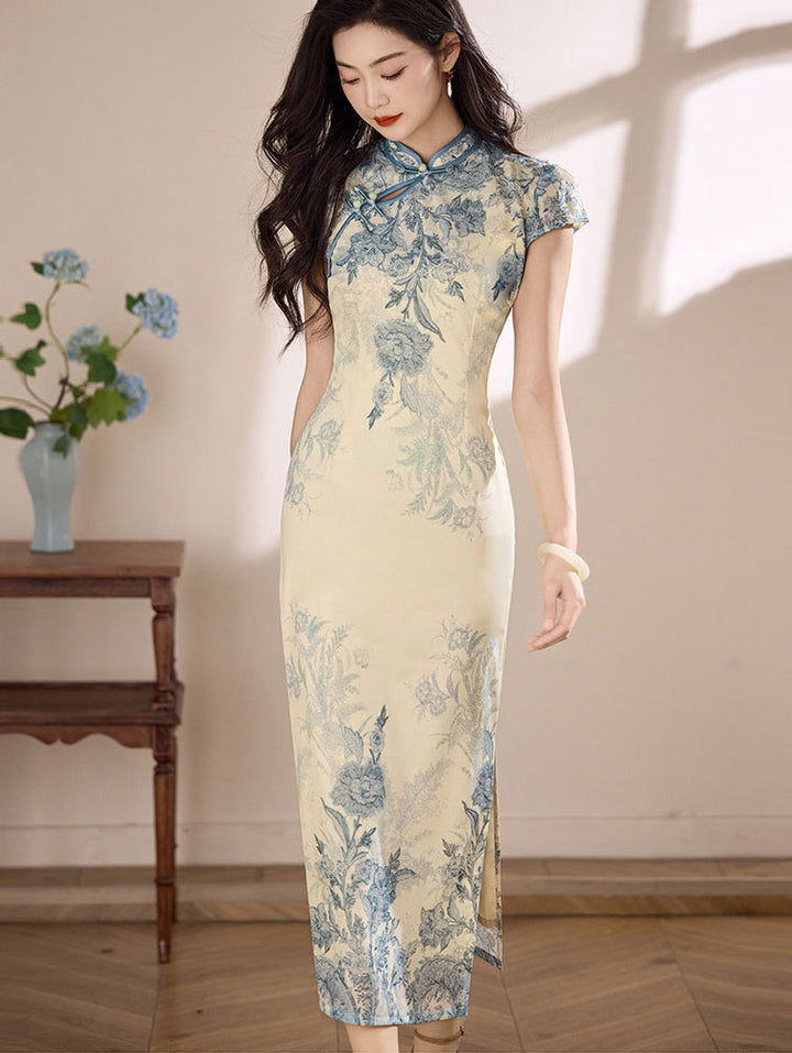 Blue Floral Print Maxi Cheongsam Qipao Dress