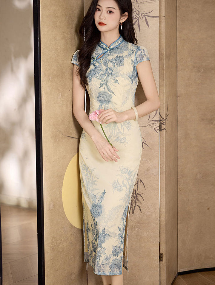 Blue Floral Print Maxi Cheongsam Qipao Dress