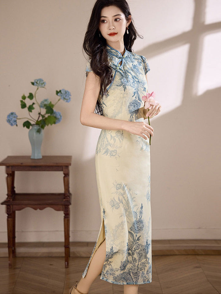Blue Floral Print Maxi Cheongsam Qipao Dress