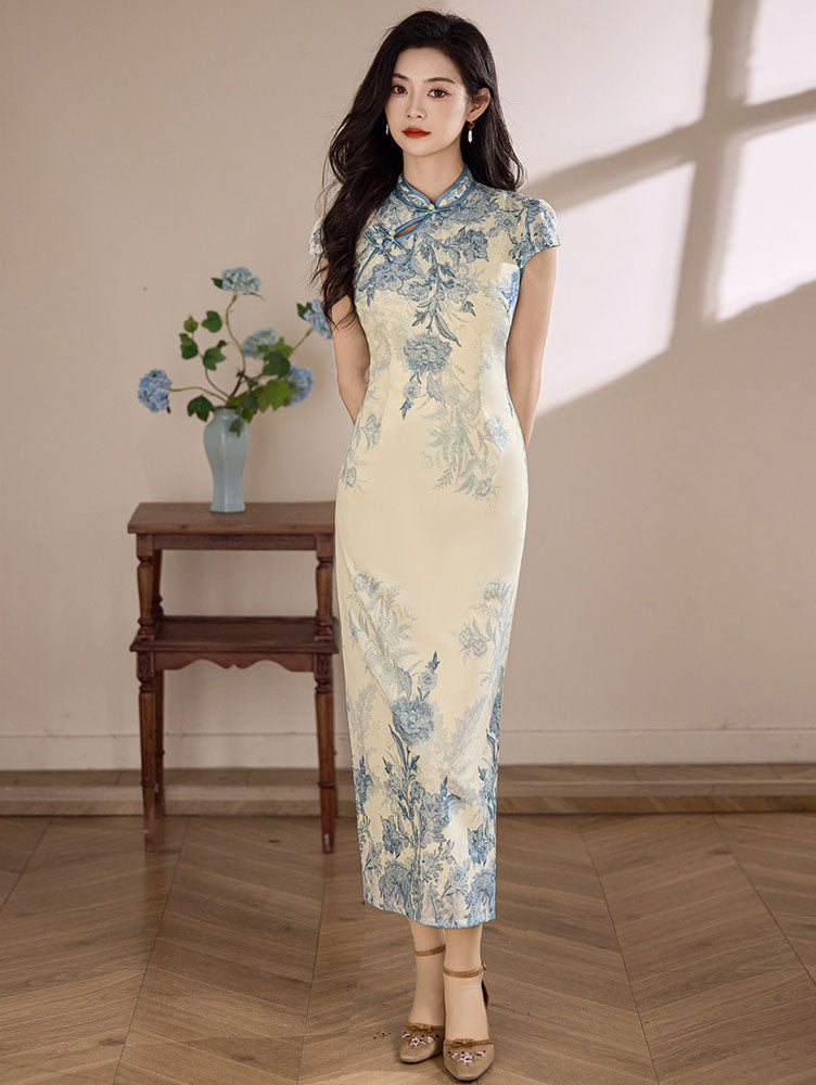 Blue Floral Print Maxi Cheongsam Qipao Dress