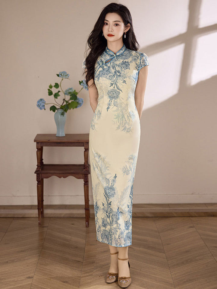 Blue Floral Print Maxi Cheongsam Qipao Dress