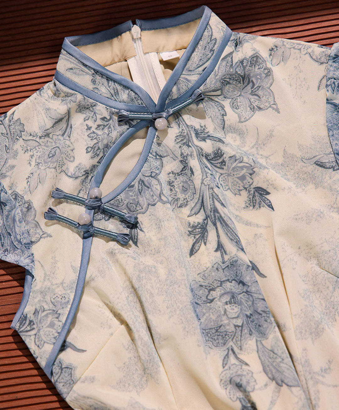 Blue Floral Print Maxi Cheongsam Qipao Dress