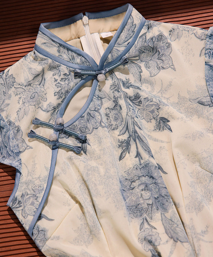 Blue Floral Print Maxi Cheongsam Qipao Dress