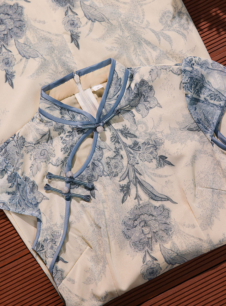 Blue Floral Print Maxi Cheongsam Qipao Dress
