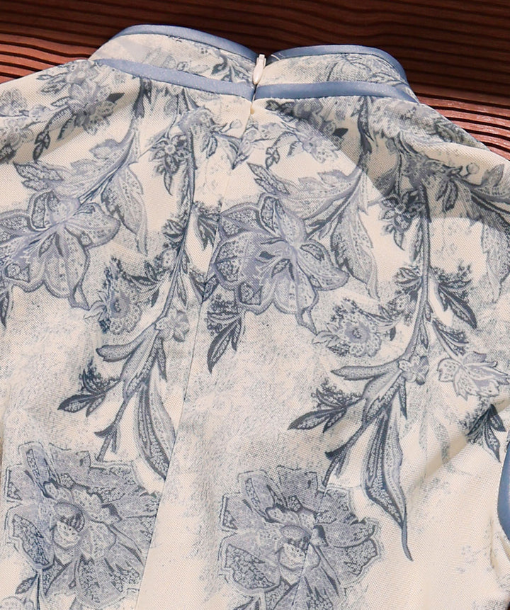 Blue Floral Print Maxi Cheongsam Qipao Dress