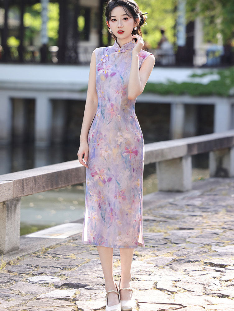 Purple Floral Sleeveless Midi Cheongsam Qipao Dress