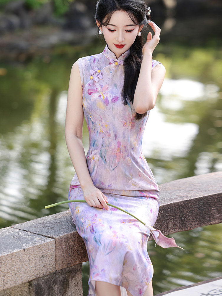 Purple Floral Sleeveless Midi Cheongsam Qipao Dress