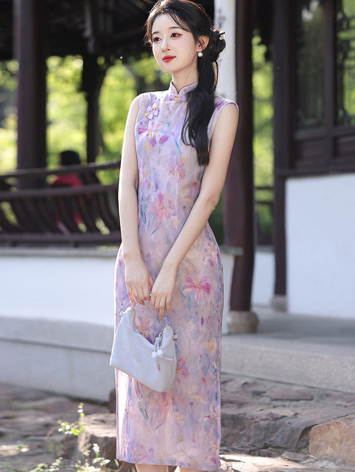 Purple Floral Sleeveless Midi Cheongsam Qipao Dress