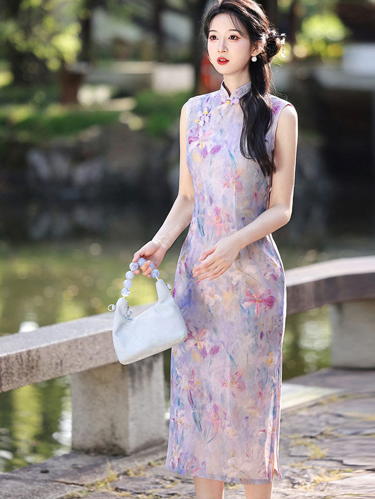 Purple Floral Sleeveless Midi Cheongsam Qipao Dress