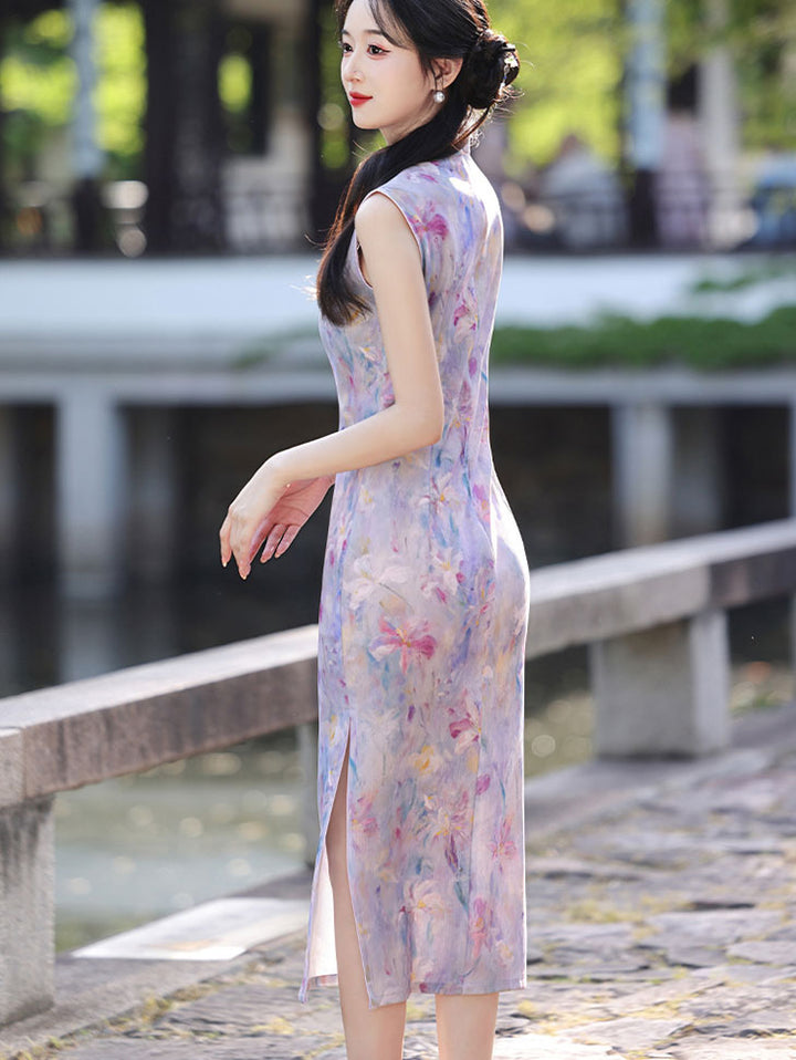 Purple Floral Sleeveless Midi Cheongsam Qipao Dress