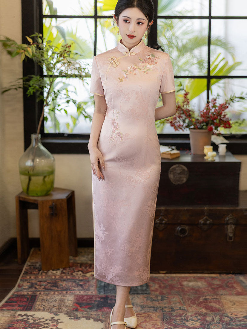 Pink Floral Embroidery Maxi Cheongsam Qipao Dress