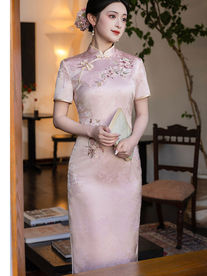 Pink Floral Embroidery Maxi Cheongsam Qipao Dress
