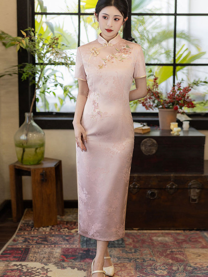 Pink Floral Embroidery Maxi Cheongsam Qipao Dress