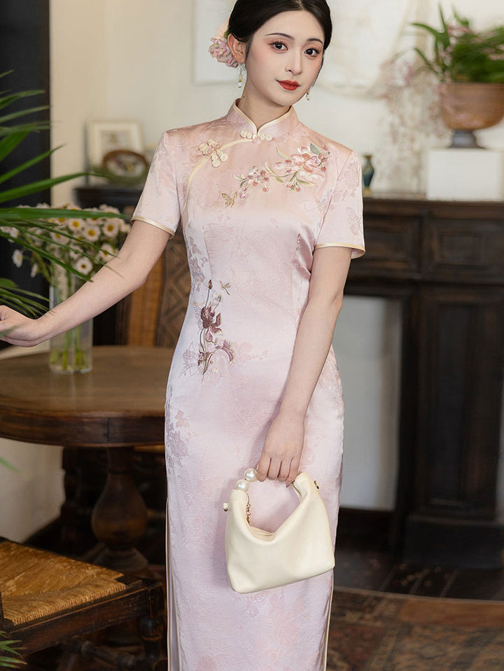 Pink Floral Embroidery Maxi Cheongsam Qipao Dress
